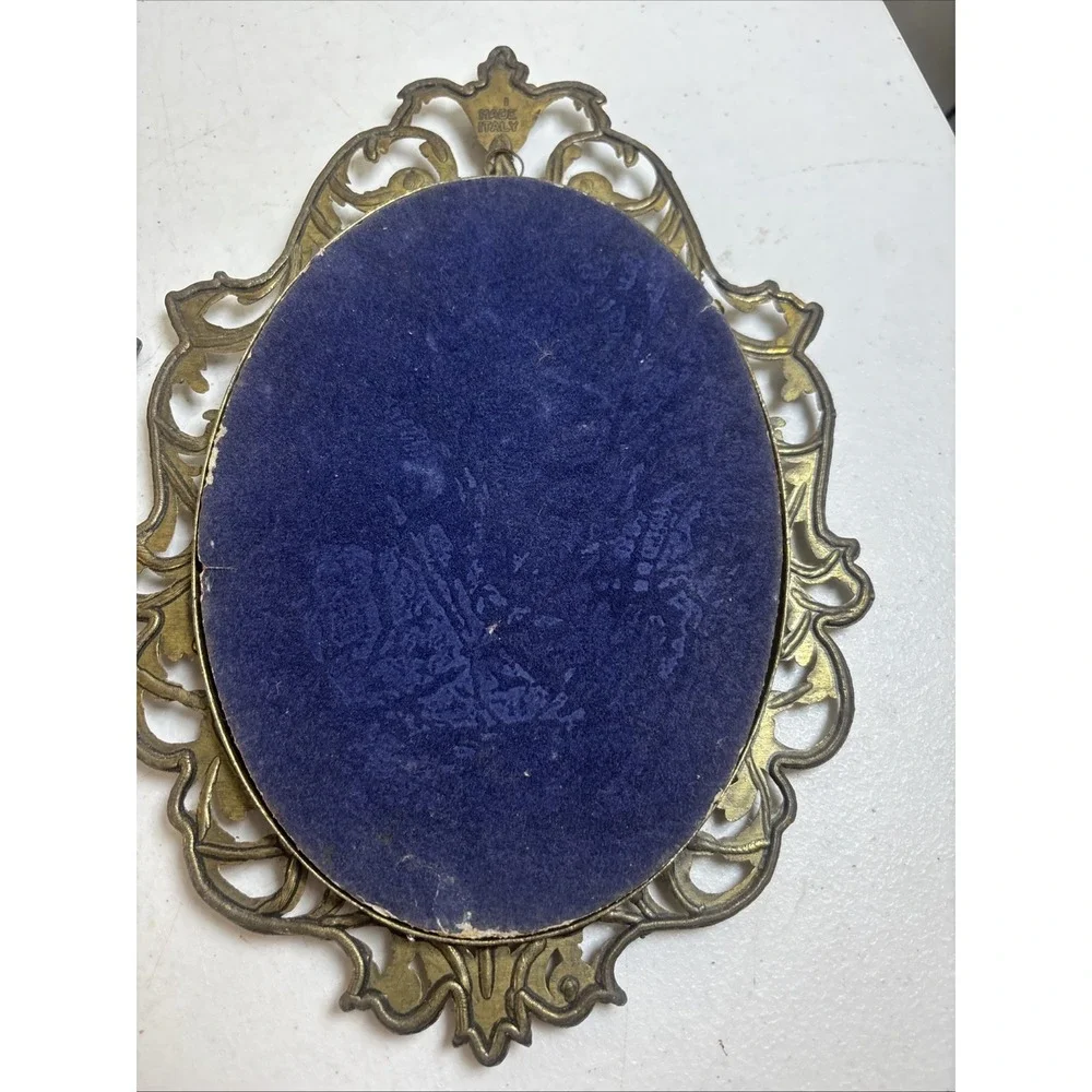 Pair Vintage Oval Metal Ornate Frame Floral Pictured Bubble Glass Made in Italy
